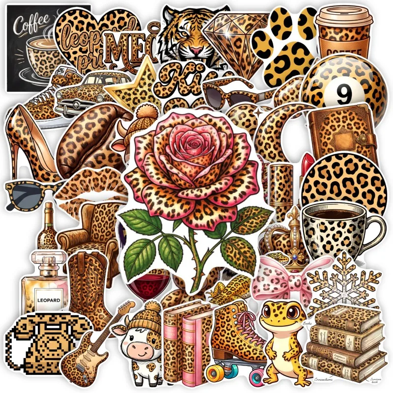 50 Stück Amerikanische Retro-Leopardenmuster-Aufkleber im Hot-Girl-Stil für Koffer, Wasserbecher und Computer-Dekoration