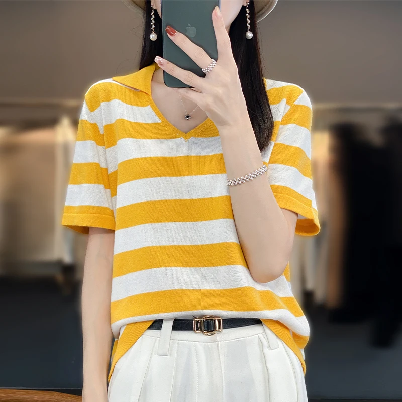 

Women's T-shirt Summer New Pure Cotton Striped Sweater Short Sleeve Casual Knitting V-Neck Women's Top Loose Fashion Pullover