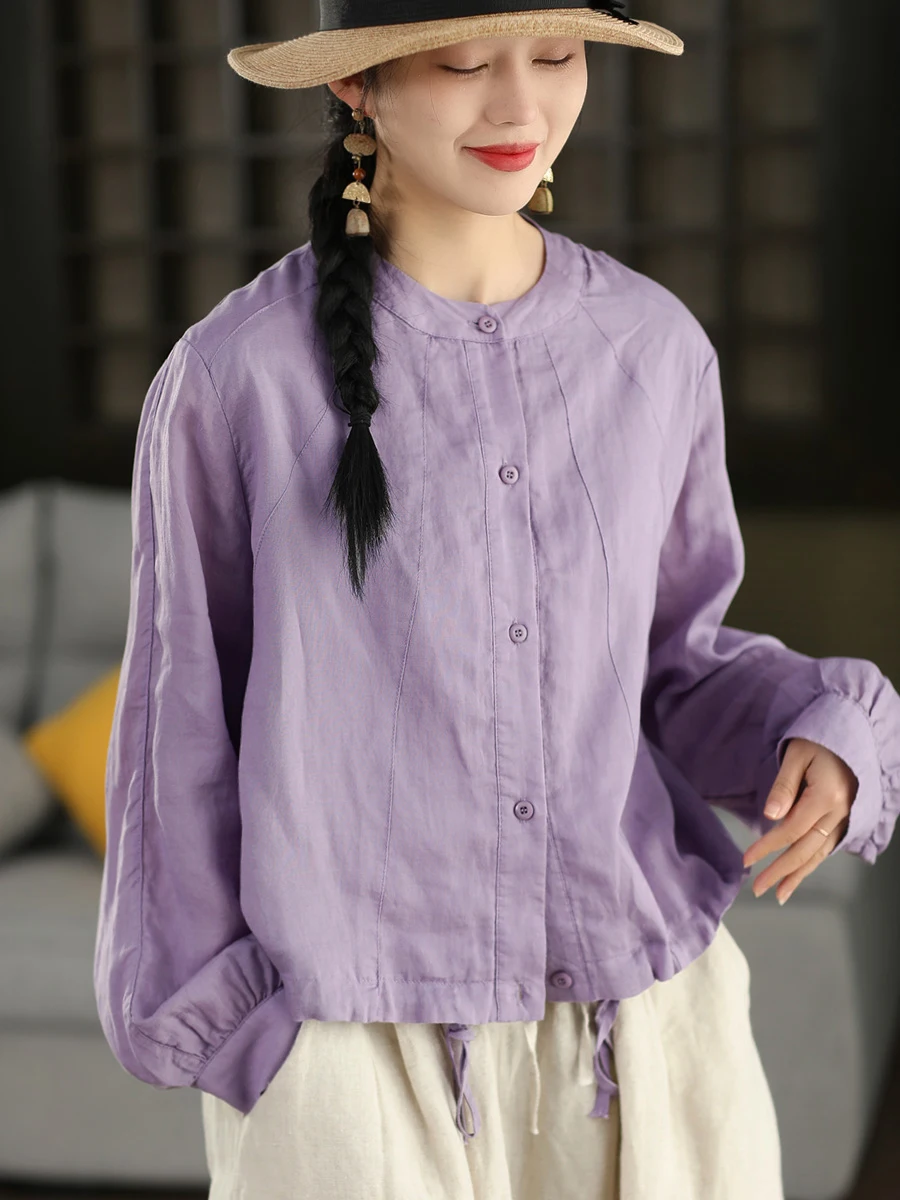 

Retro Style Silk Linen Shirt Stand Collar Drawstring Hem Single Button Open Cardigan Top Women's Loose Fit Long Sleeve