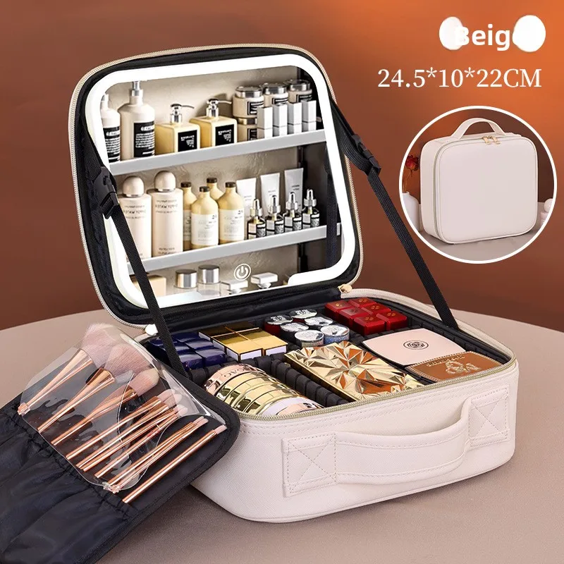 Cross-border High Aesthetic ValueLEDLight Strip Mirror Makeup Case Large Capacity Travel Portable Handheld Cosmetic Storage Bag