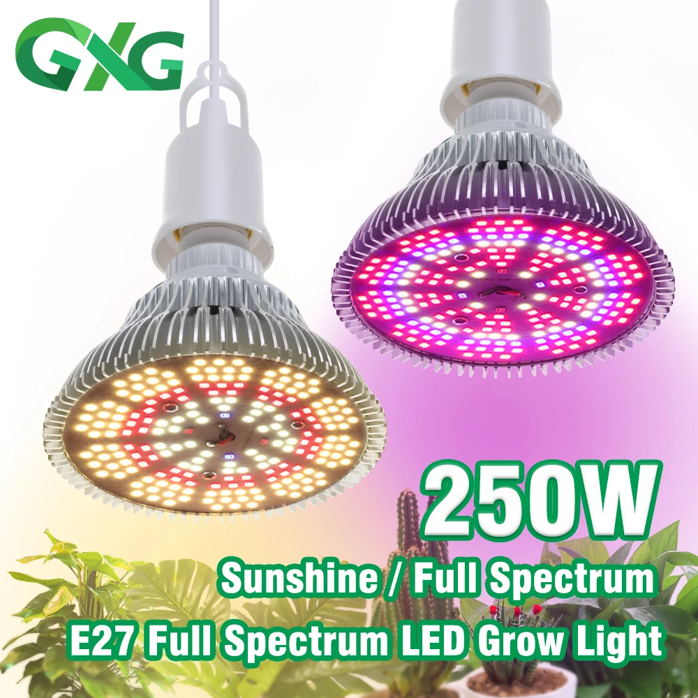 植物成長用LEDライト,85-265v e27,250w,ランプ,タイミングスイッチ,ワイヤー/三脚,成長ランプ