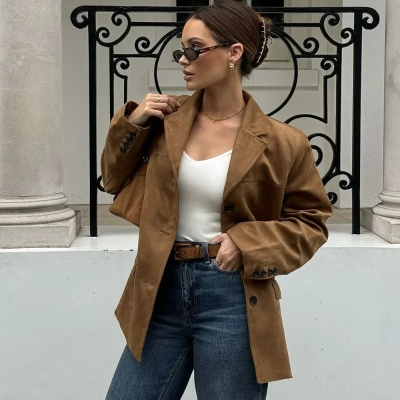 

Talenza винтажная женская замшевая кожаная куртка, однобортный коричневый пиджак с лацканами, свободные пальто, осень 202, офисная женская верхняя одежда