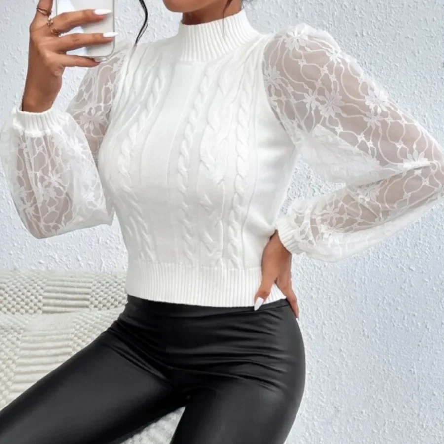 

Half High Collar Elegant Lady Solid Winter 2025 Slight Pullover Women Knit Sweaters Lace Long Sleeve Casual Sweater Pullover