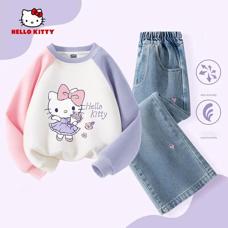 

Sanrio Hello Kitty Two-Piece Set Girl Spring Fall Long Sleeves Tops Leisure Pants Kawaii Anime Fashion New Children Clothing Hot