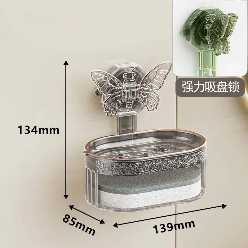 Suction Cup Soap Holder with Butterfly Design, Double Layer Soap Box with Sponge and Drainage, No Drilling Soap Storage Shelf