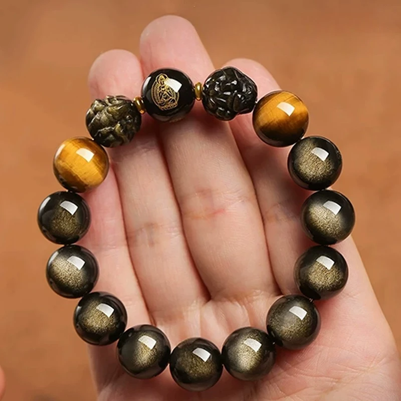 Chinese Style Lucky Natural Gold Sheen Obsidian Tiger Eye Stone 12mm 14mm Chinese Zodiac Wealth Attracting Pixiu Bracelet For