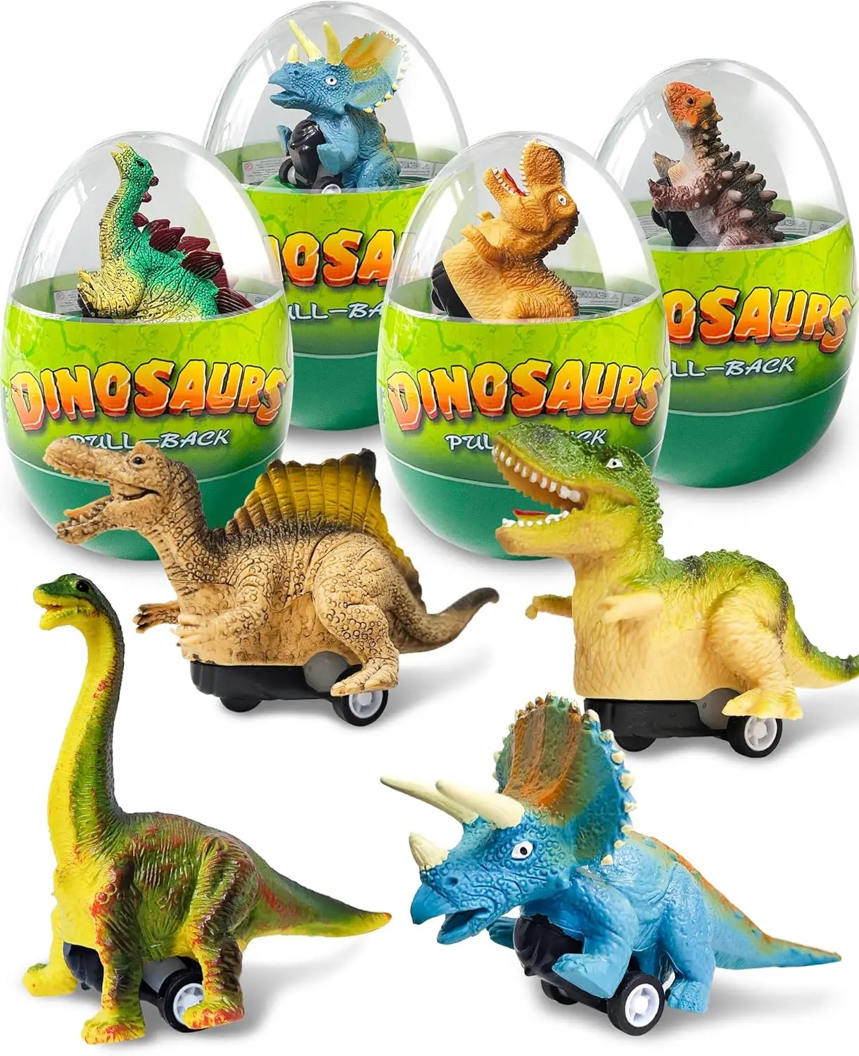 

4 Pack Dinosaur Pull Back Cars in Prefilled Easter Eggs with Toys Inside, Montessori Gifts for Kids