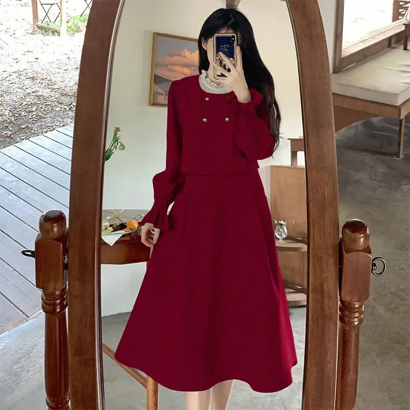 French Style Vintage Dresses Spring Autumn Fake Two Pieces Patchwork Female Clothing A-Line Waist Stylish Drawstring Midi Dress