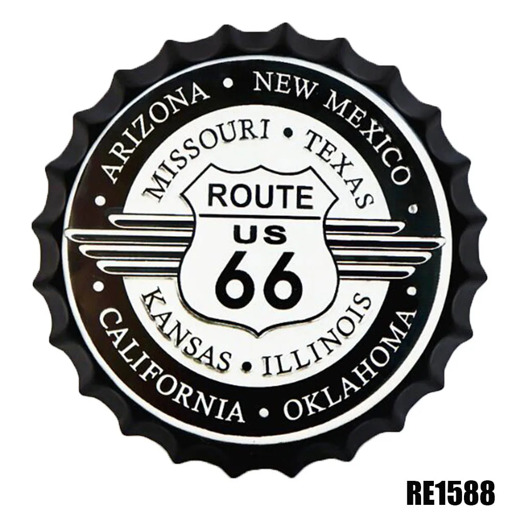 

Route 66 Vintage Beer Bottle Cap Retro Plaque Wall Decor Metal Tin Signs Poster Room Bar Wall Decoration 35cm Round Metal Poster