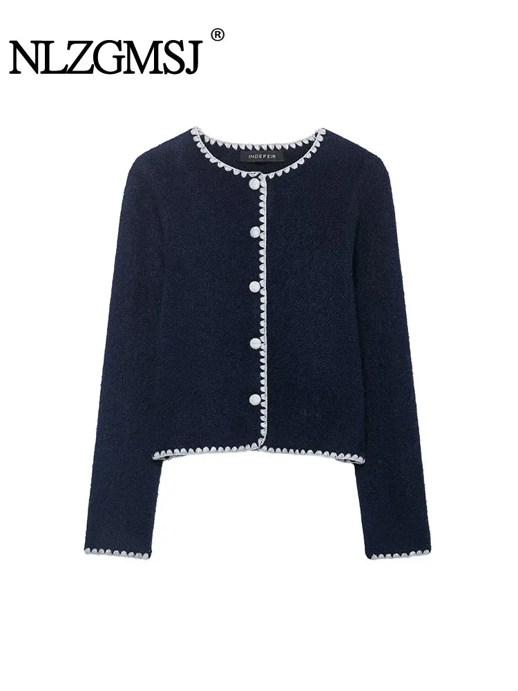 

NLZGMSJ Casual Chic Women Contrasting Sweater Solid O-Neck Single Breasted Long Sleeve Knitted Fashion Autumn Winter Sweaters