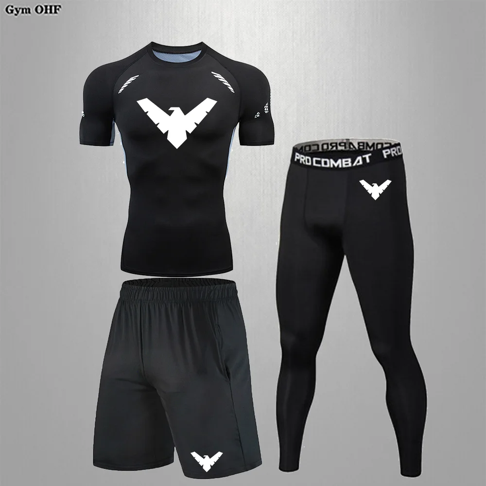 3Pieces Sublimation Gym Long Sleeve Tight Legging Compression Shirt Sets Running Shorts Fitness MMA Rash Guard Men's Sport Suits