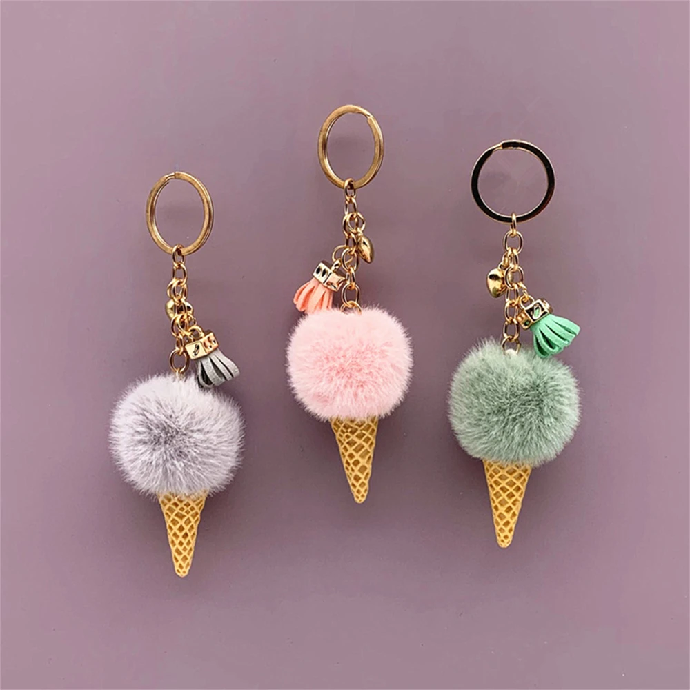 1pc Fashion Cute Mini Ice Cream Key Ring With Tassel Student Fluffy Pom Pom Velvet Plush Keychain For Girls Bag Decoration Gift