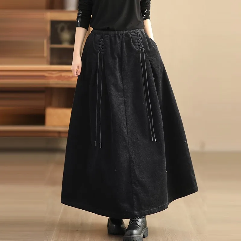 High Waist Corduroy Skirt Women New Arrival 2024 Autumn Vintage Style Solid Color Basics Female Casual Long Skirts B3967