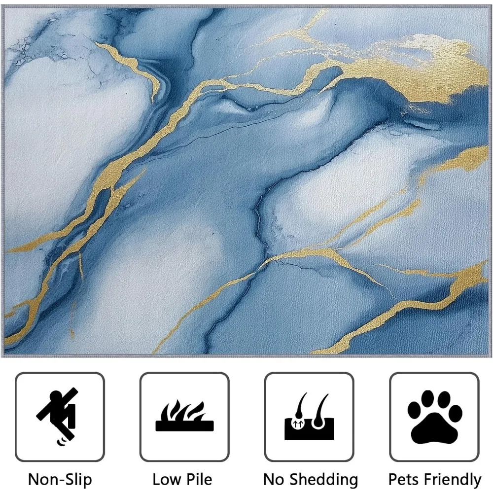 Роскошный абстрактный современный ковер белого, синего и золотого цвета для гостиной — ковер с мраморным рисунком 6x8