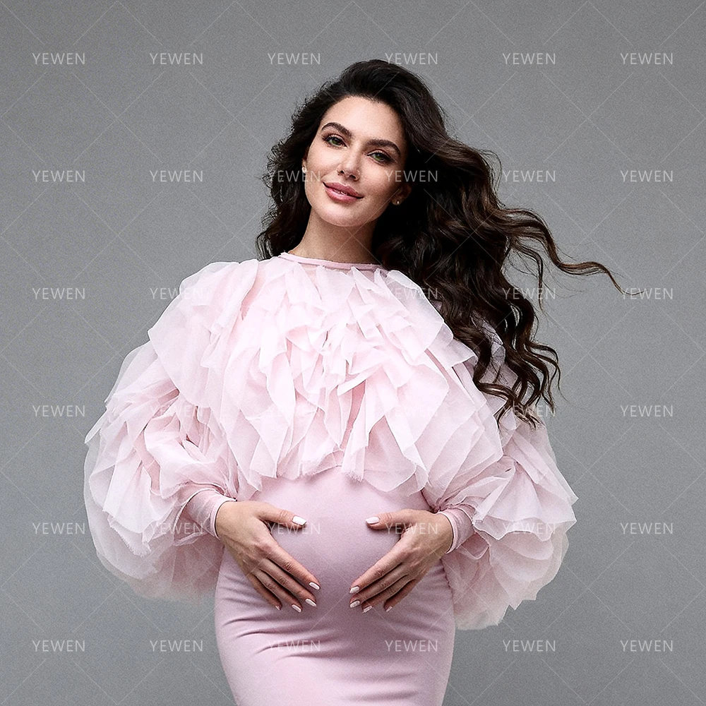 Baby Shower Dress Woman Pink Ruffled Tulle Overlay Long Sleeve Dress for Pregnant Women Maternity Clothing Pregnancy YW2603172D view 4
