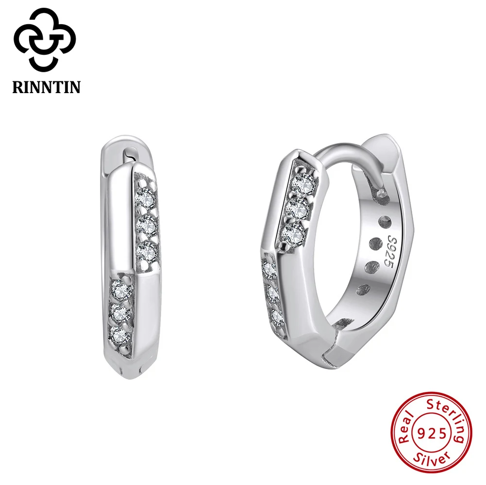 Rinntin Basic Clear Gemstone 5A Zircon Paved Huggie Hoop Earring 925 Sterling Silver Circle Round 14k Gold Plated Earring APE141