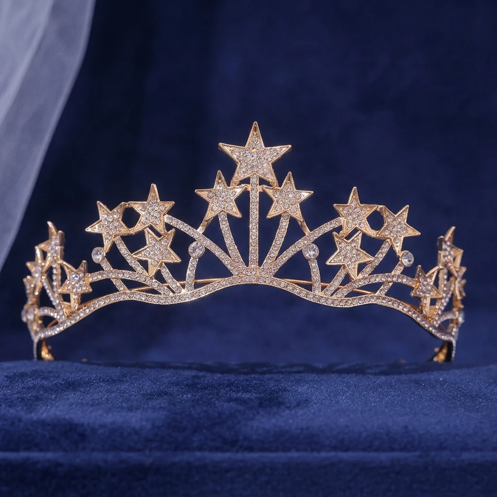Tiaras de Novia, Diadema de Aleación en Color Dorado/Plateado con Diseño de Estrella de Cristal, Corona Vintage para Bodas, Fiestas Nupciales y Banquetes Nocturnos