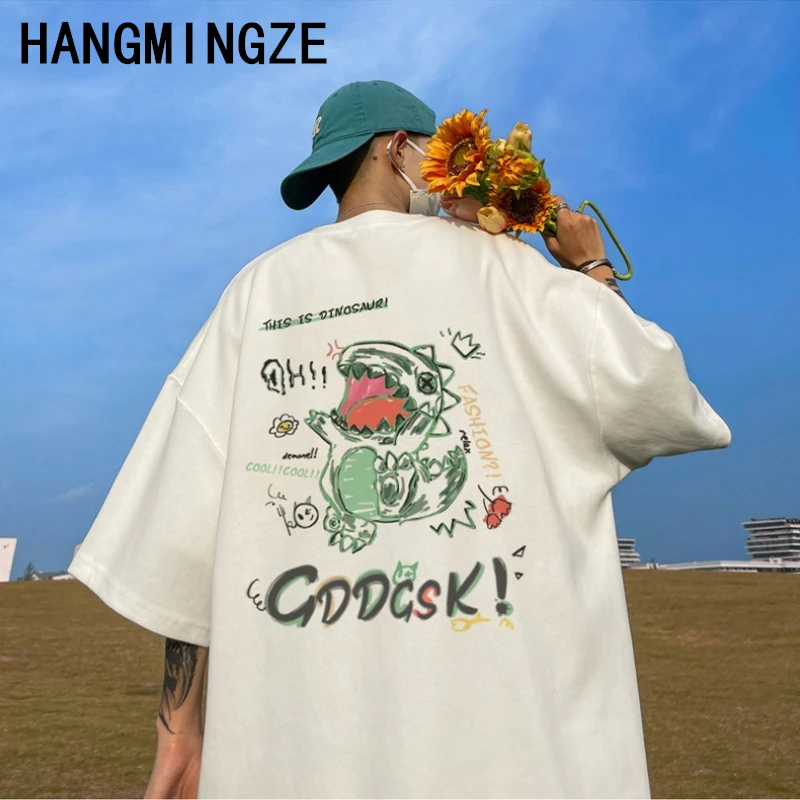 Summer American Cotton T-shirt For Men Dinosaur Print Y2k Style Harajuku Summer Oversized Tops Men's O-neck Short Sleeve Tees