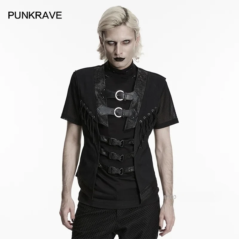 PUNK RAVE Men's Punk Twill Mesh & Cracked Leather Open Structure Vest  Straps Buckles Rock Party Performance Top Men