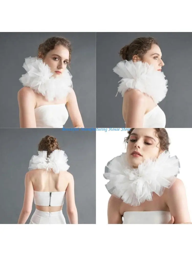 E56A Fashionable Women's Vintage Multilayer Mesh Detachable False Collar Renaissances Neck Ruff Clown Choker Shawl Scarf