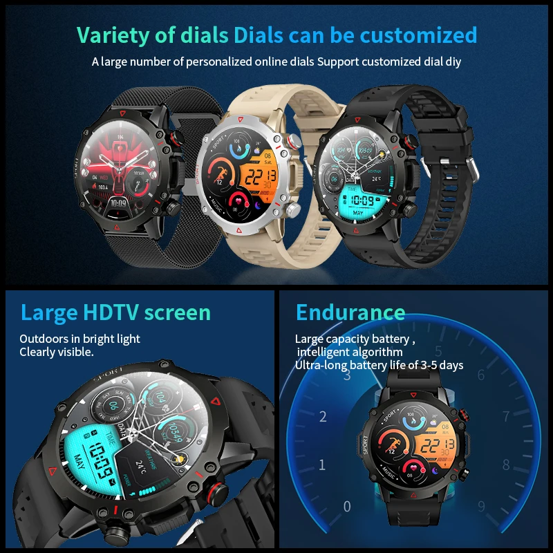 1.53 Cal HD Bluetooth Call Smart Watch męski nadajnik sportowy Fitness Monitor pracy serca IP67 wodoodporny Smartwatch dla mężczyzn z systemem Android + IOS