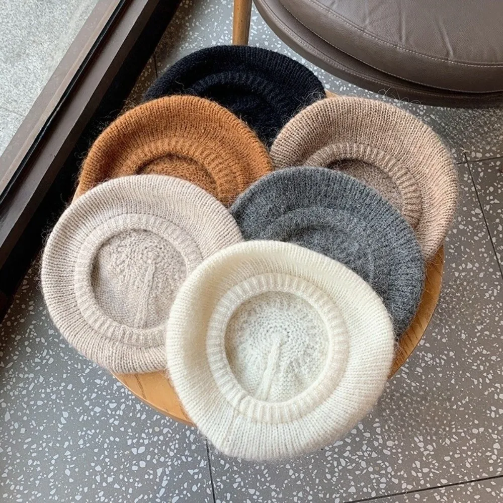 

Fashion Mohair Knitted Beret Hat Fluffy Harajuku Wool Painter Hat Solid Color Warm Knitted Octagonal Cap Ladies