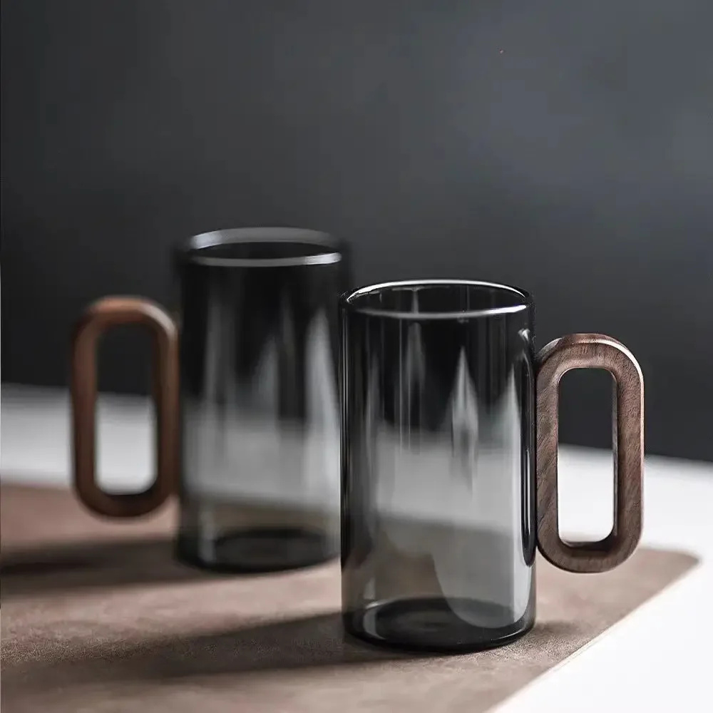

360ml High Appearance Level Glass Water Cup Household Living Room Ink Cup Heat Resistant Teacup Transparent Wooden Handle Cup