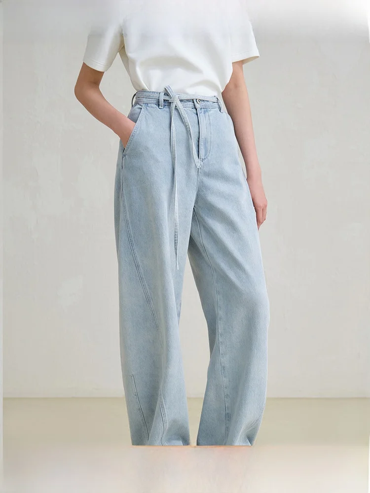 

Оригинальные джинсы из грубого твила из чистого хлопка, потертые джинсовые брюки с поясом, широкие джинсы, женские весенние модные повседневные джинсы с высокой талией