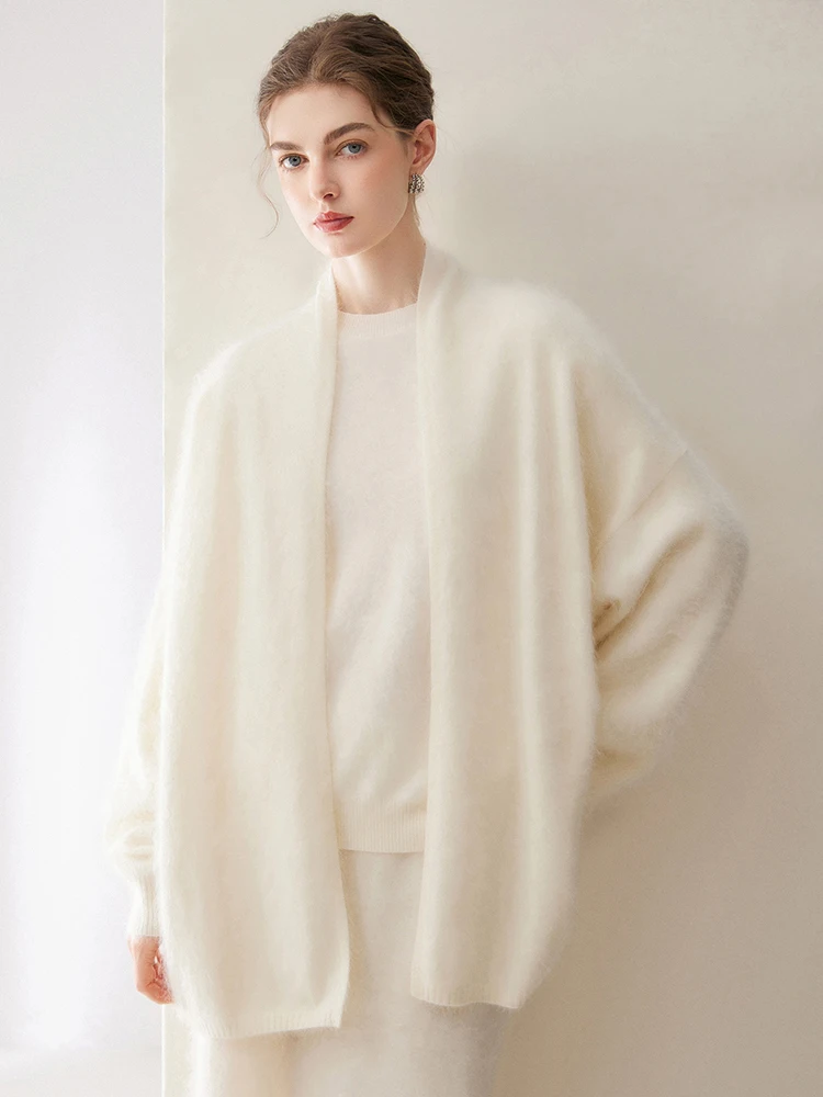 TLOML Women 100% Plush Cashmere Sweater Solid Cardigan High Quality Cashmere Knitwear Brushed Cashmere Knit Soft Warm Loose Coat