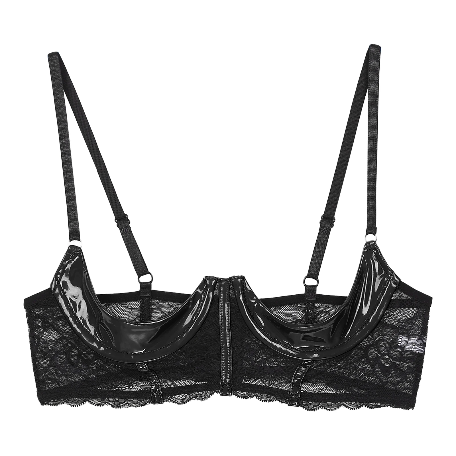 Soutien-gorge en dentelle transparente pour femmes, lingerie en cuir verni, bretelles réglables, sexy, 1/4