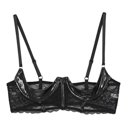 Women Open Cup Bra Wetlook Patent Leather Underwired Bra Adjustable Floral Lace Brassiere Sexy Half Cup Bra Lingerie Underwear