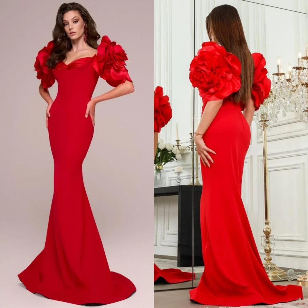 

Customized High Quality Jersey Flower Pleat Trumpet Sweetheart Long Dresses Bespoke Occasion Exquisite