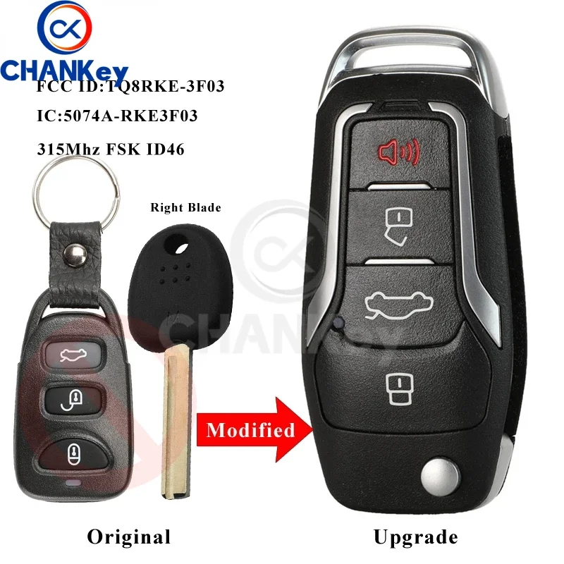 Pilot CHANKey 3 przyciski + składany klucz samochodowy z klapką dla Hyundai Elantra GT I30 FCC TQ8RKE-3F03 315Mhz FSK ID46