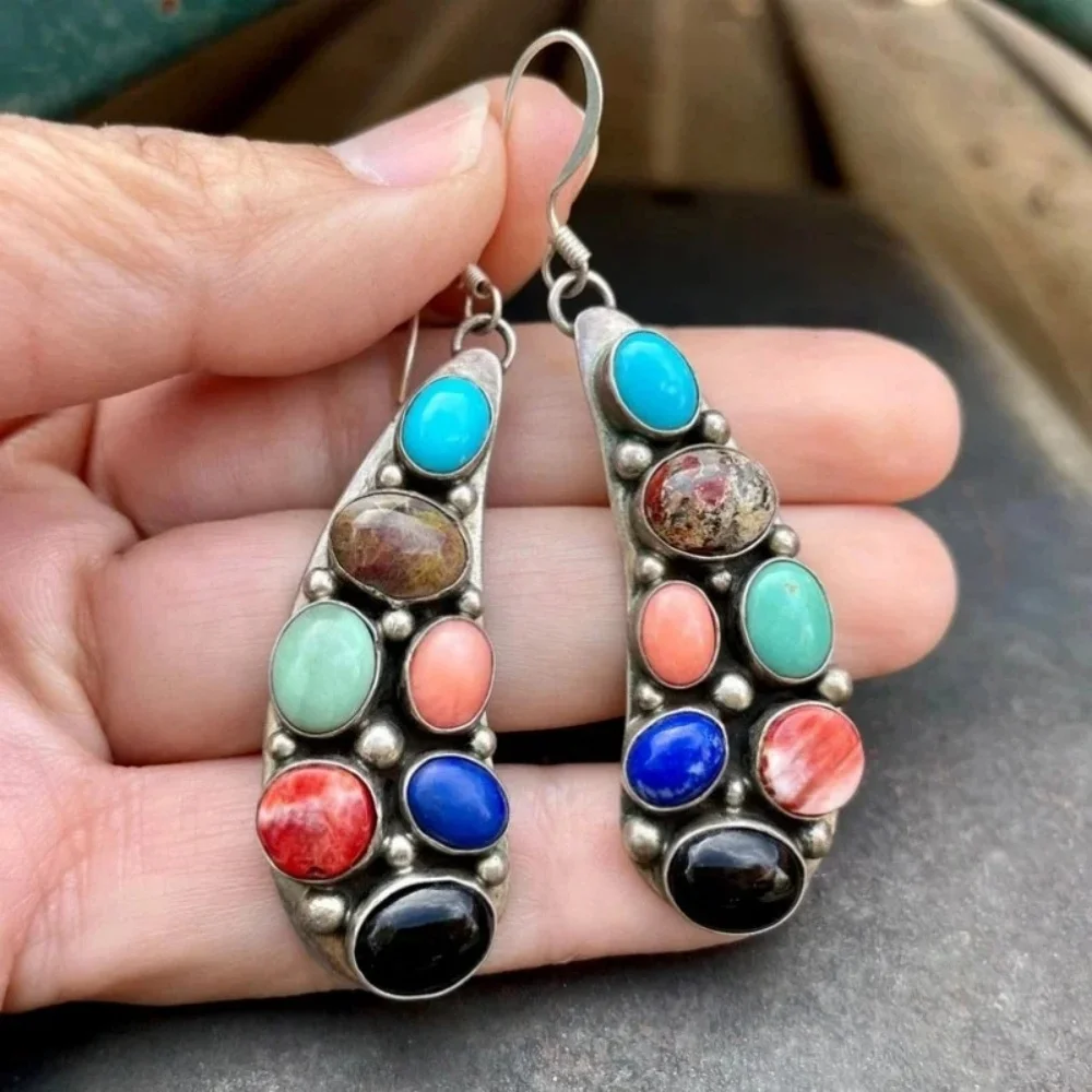 Classic imitation green stone earrings Bohemian style retro ethnic long women's jewelry