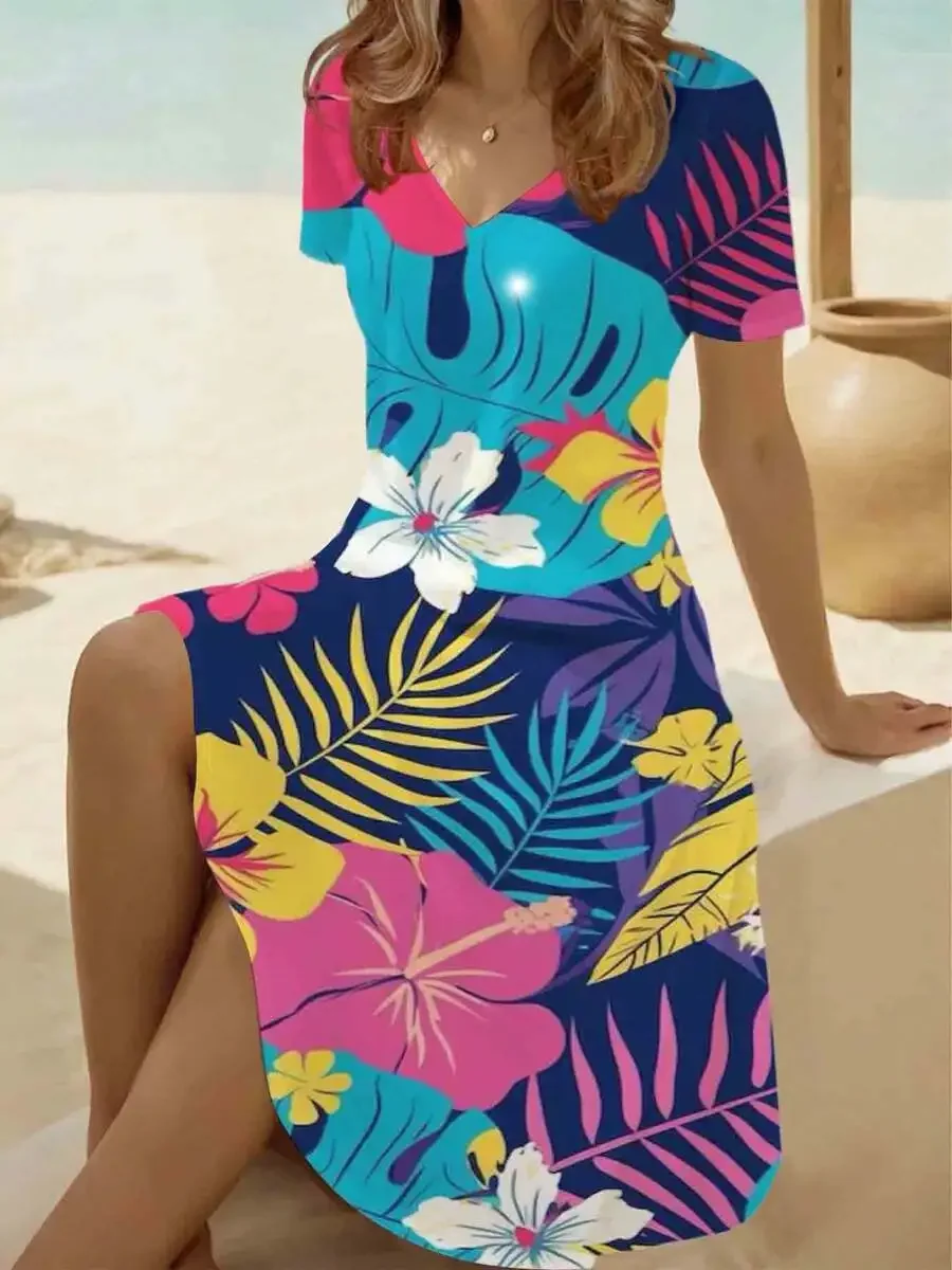 

Women V Neck Short Sleeve Tropical Print Dress Blue Pink Yellow Summer Casual
