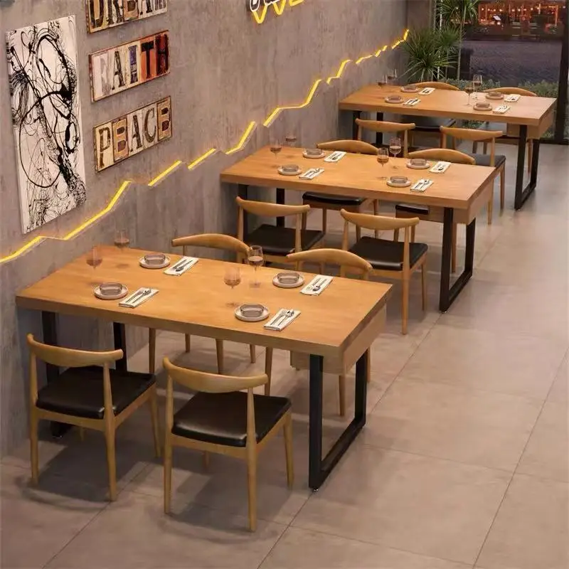 Rectangle solid wood table and chair combination simple string hot pot restaurant with drawers long table
