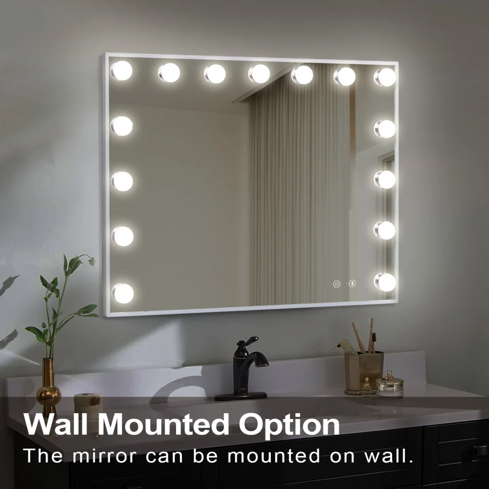 

Голливудское LED-зеркало для макияжа с Bluetooth-колонкой, 15 диммируемых лампочек, 3 цветовых режима, USB-порт для зарядки, 22.8x18.1 дюйма