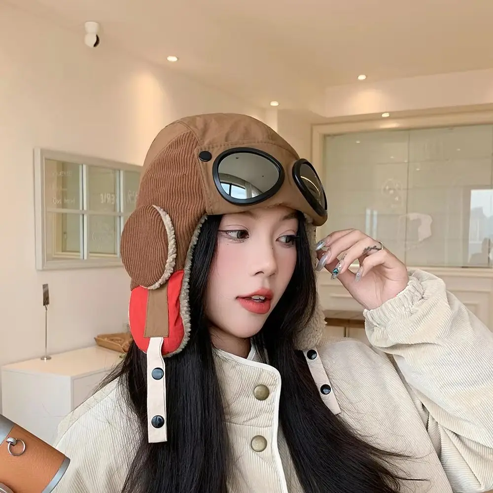 Simple Windproof Winter Pilot Hat With Goggles Beanie Anti Fog Warm Ski Hat Neck Protector Ear Protection Earflap Cap Hiking