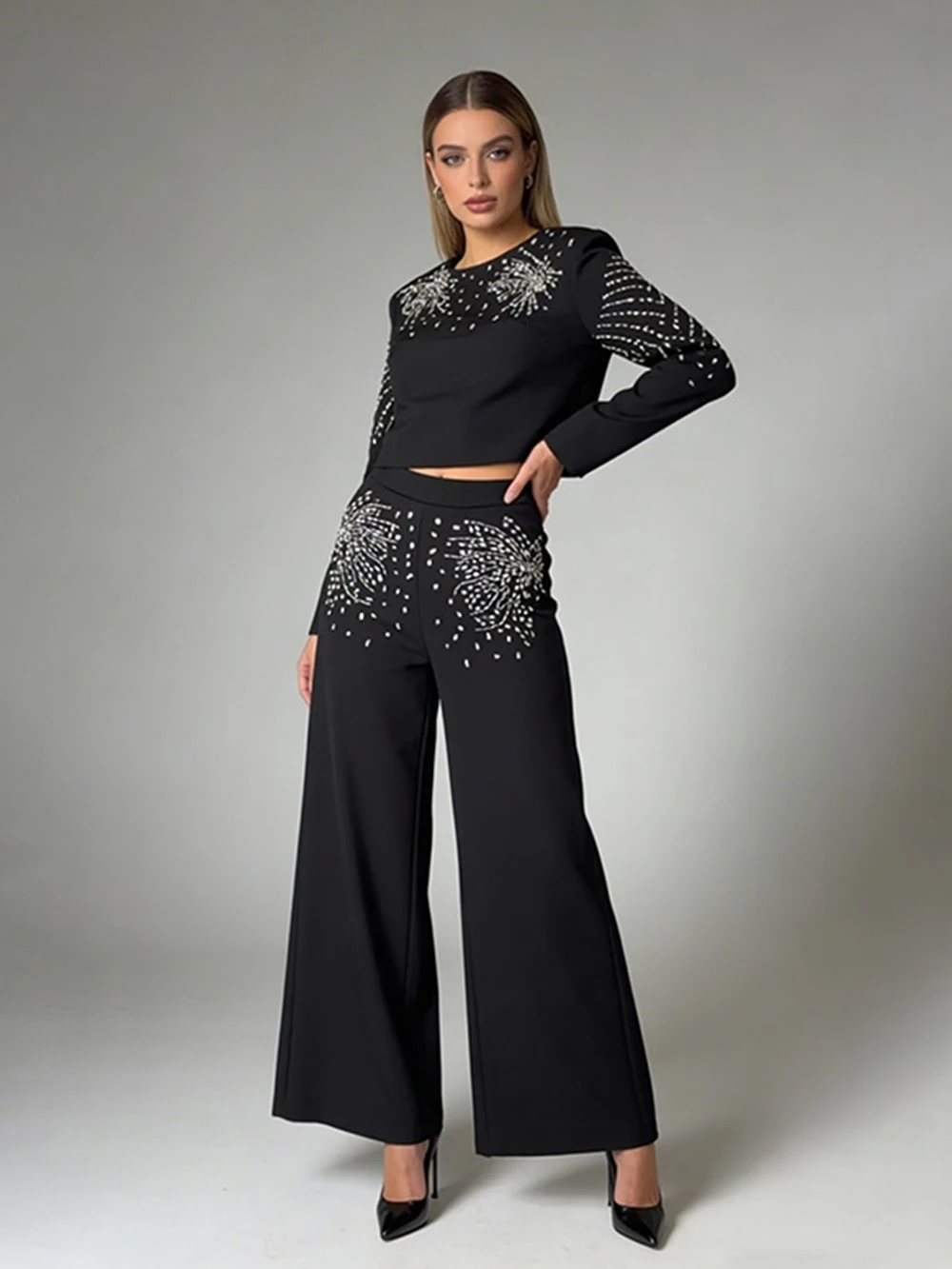 European And American Fashion Suit 2026 New Round Neck Long Ssleeved Diamond Studded Top+stylish Micro Flared Pants