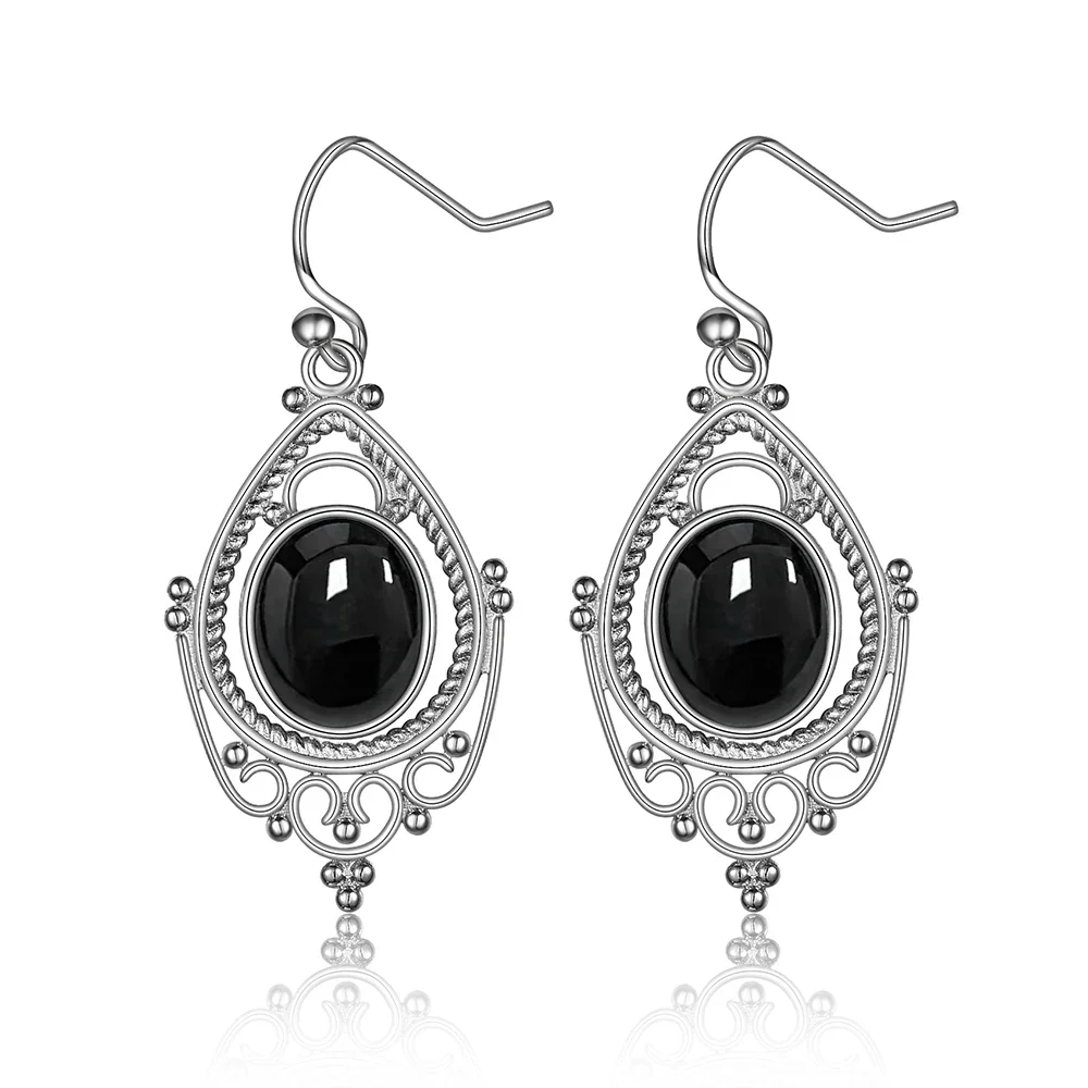 Boucles d'oreilles vintage incrustées de pierre de lune pour femme, argent 925, pierre naturelle, onyx noir, bijoux fantaisie