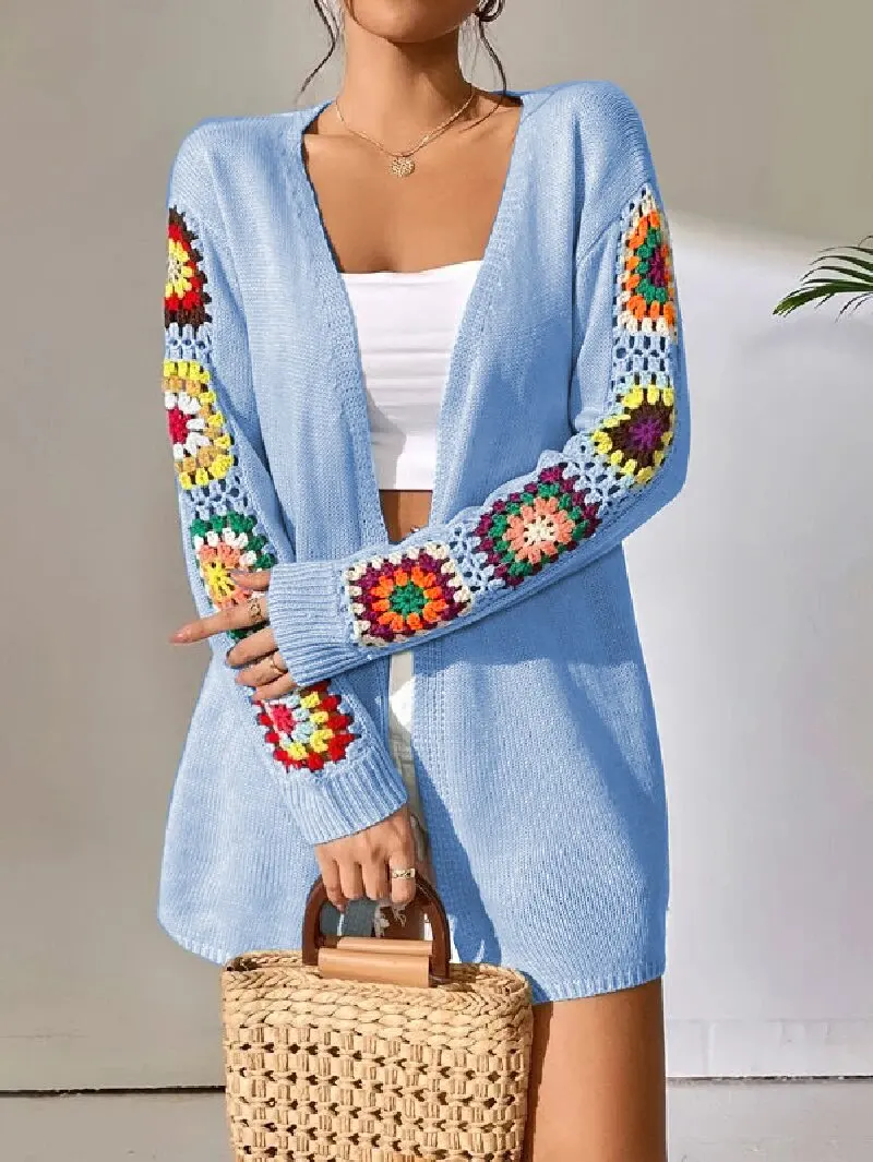 Women\'s Open Front Crochet Insert Drop Shoulder Boho Casual Cardigan Sweater