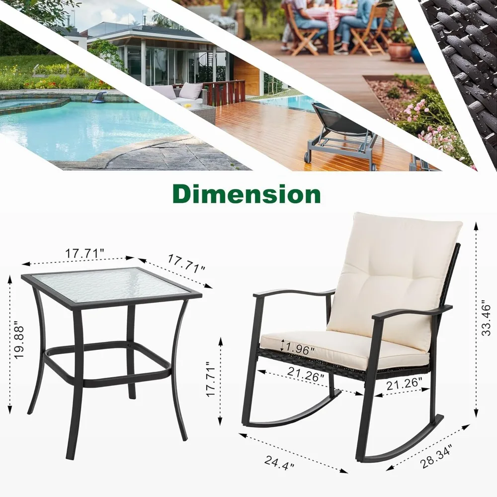 Conjunto bistrô de balanço de vime de 3 peças com mesa de centro de vidro para pátio externo em almofada bege