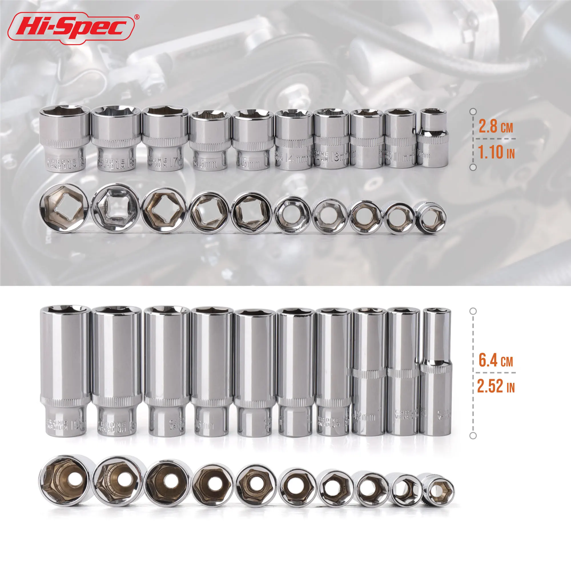 Hi-Spec 3/8" Metrischer Tiefen-Steckschlüsselsatz (10-19mm), CR-V Stahl Lange Stecknüsse für Ratschenschlüssel & Handwerkzeuge zur Autoreparatur – Detail 4