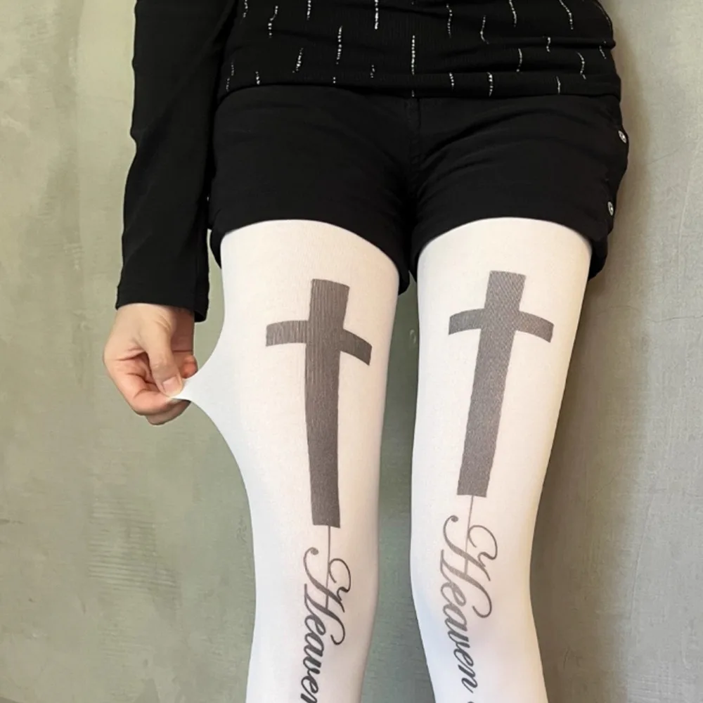 

Sexy Gothic Cross Print Tights Letter Pantyhose Harajuku Women's Alphabet Socks Retro Cool Girls Vintage Punk Girl Long Stocking