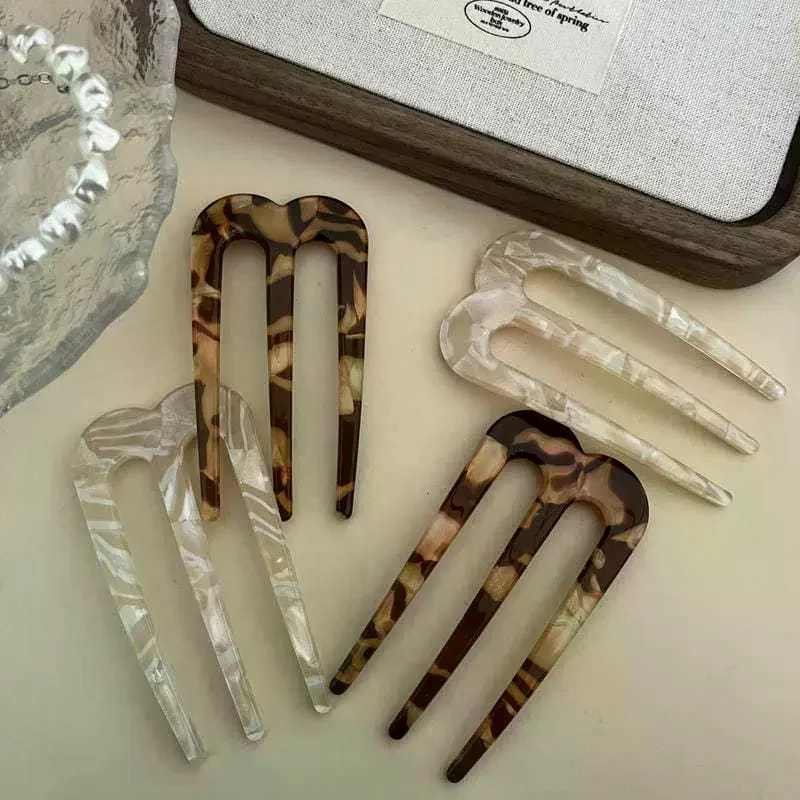 French Hair Pins For Women U Shaped Hair Forks Vintage Hairstyle Accessories Fashion 3 Prong Bun Hair Sticks Headwear