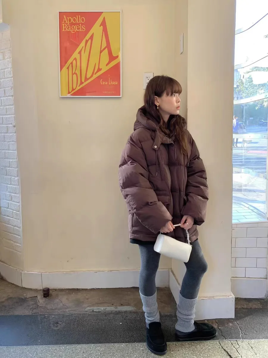 East Gate Pure Color Hooded Bread Sle down Jaet Women's Loose Workwear kets Warmth ort Outerwear Faionable Coat