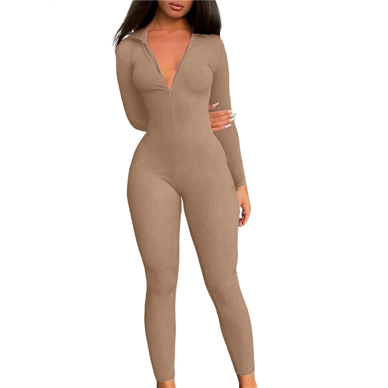 

A83F-Женский комбинезон в рубчик с длинными рукавами и молнией спереди для тренировок, облегающий комбинезон