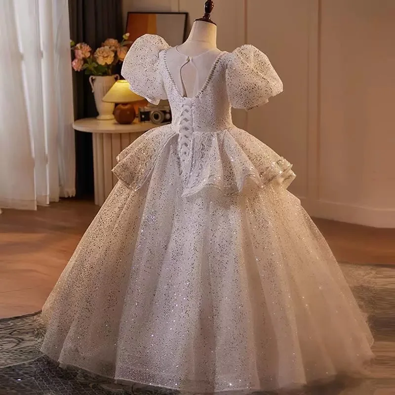 

Girls' Host Dress Light Luxury Niche 2025 New Short Sleeve Flower Girl Wedding Dress Little Girl Birthday Party Princess Dress