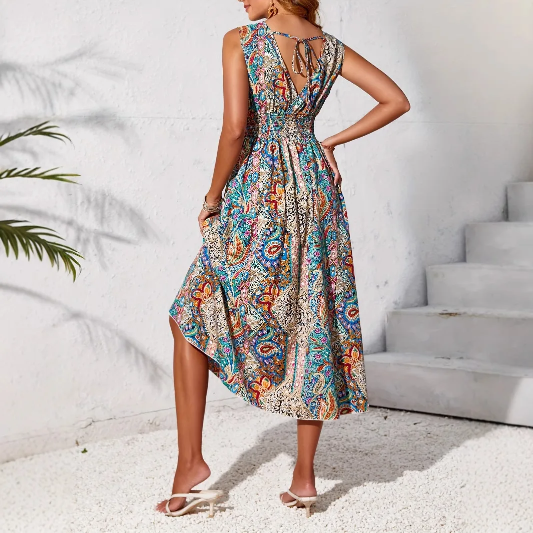 Summer Boho Dress Women Fahsion Sleeveless Print Beach Party Dresses Elegant Casual Holiday Female Dress For Women Robe Femme