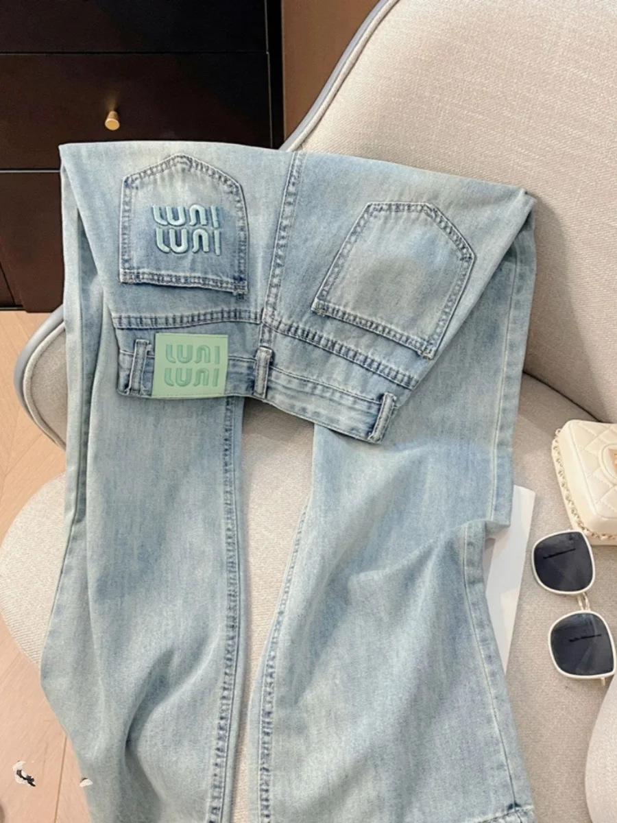 Sommer Dünne Mint ein Farbe Blo Hohe Taille Lose Fit Gestickte Denim Jeans frauen Breite Bein Hosen Abnehmen wirkung